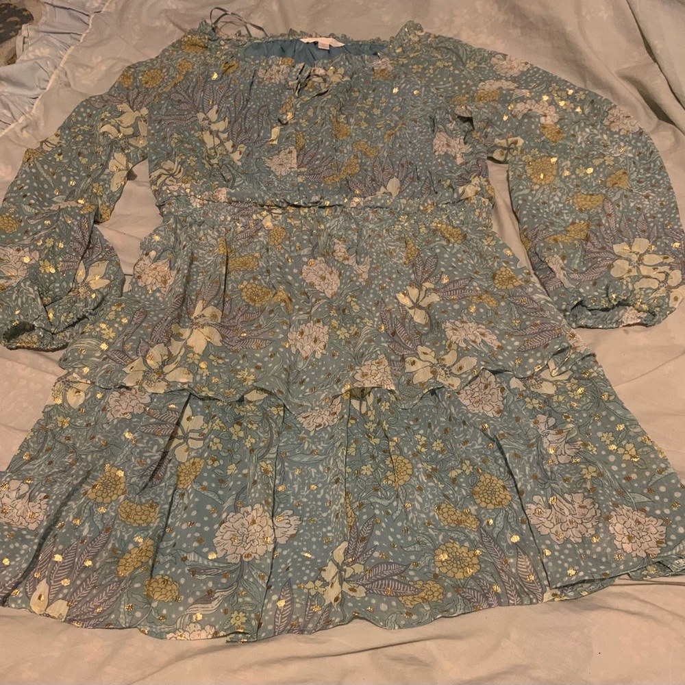 ✨⚡️💥LC Lauren Conrad Blue Gold Floral Metallic Tiered Long Sleeve Dress Women